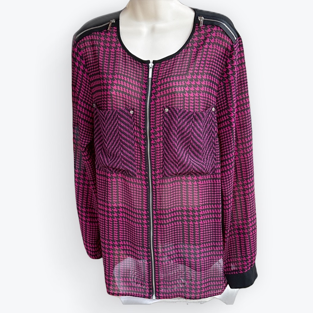 Sultry Edgy Artsy Dark Academia Sheer Houndstooth Raspberry & Black Blouse ~ L